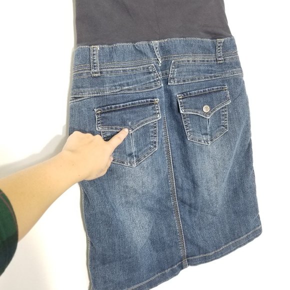 Thyme Maternity Denim Classic Jean Pencil Skirt Stretch Belly Panel Pockete XS - Picture 5 of 8